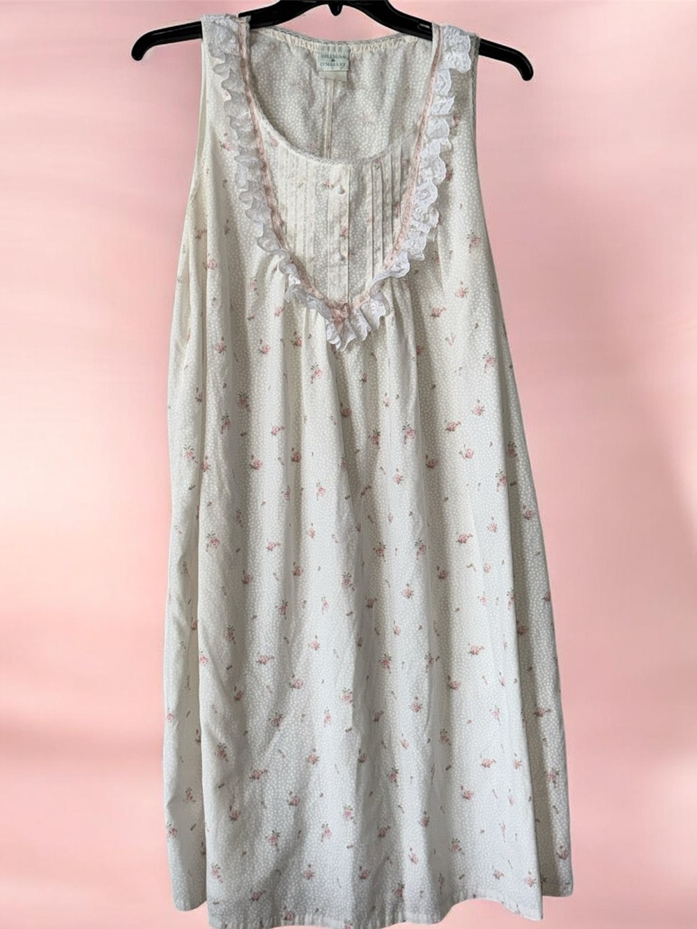 RARE! Gilligan & O'Malley White Nightgown with Pink Floral and Gray Dot Print!